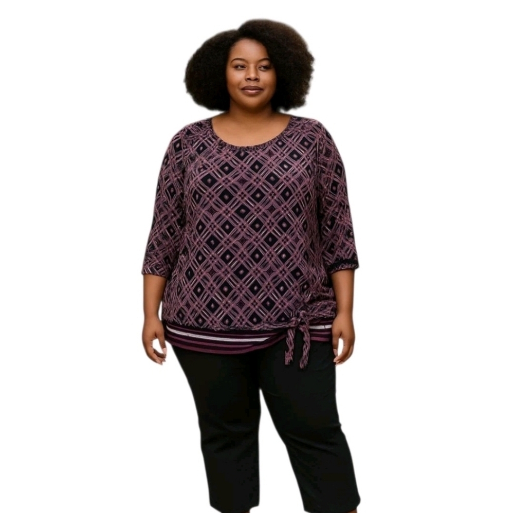 PerSeption Black Purple Geometric Scoop Neck Kimono Sleeve Plus Size 2X Blouse